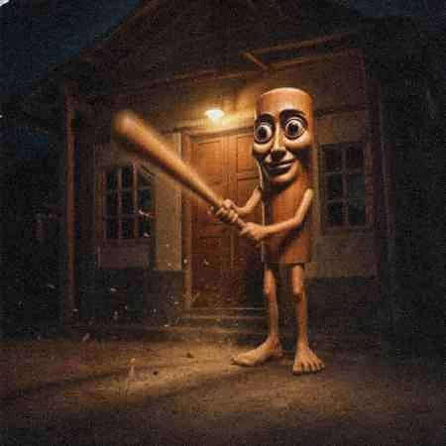 He bangs his bat on a house door at night
