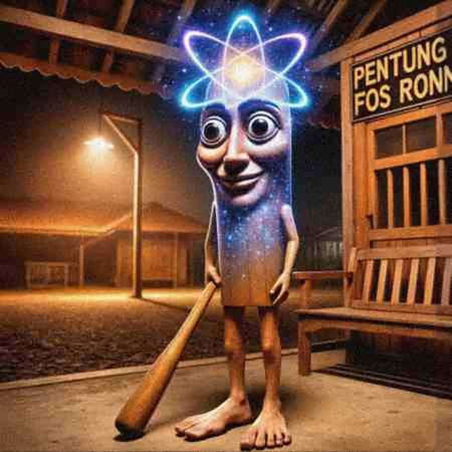 A glowing atom appears over his head