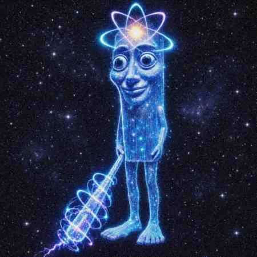 His full quantum form, made of stars, with an energy bat
